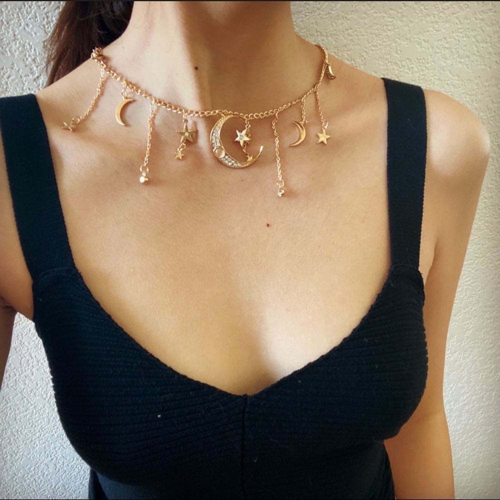 Moon and Star Charm Necklace Choker - Picture 3 of 13